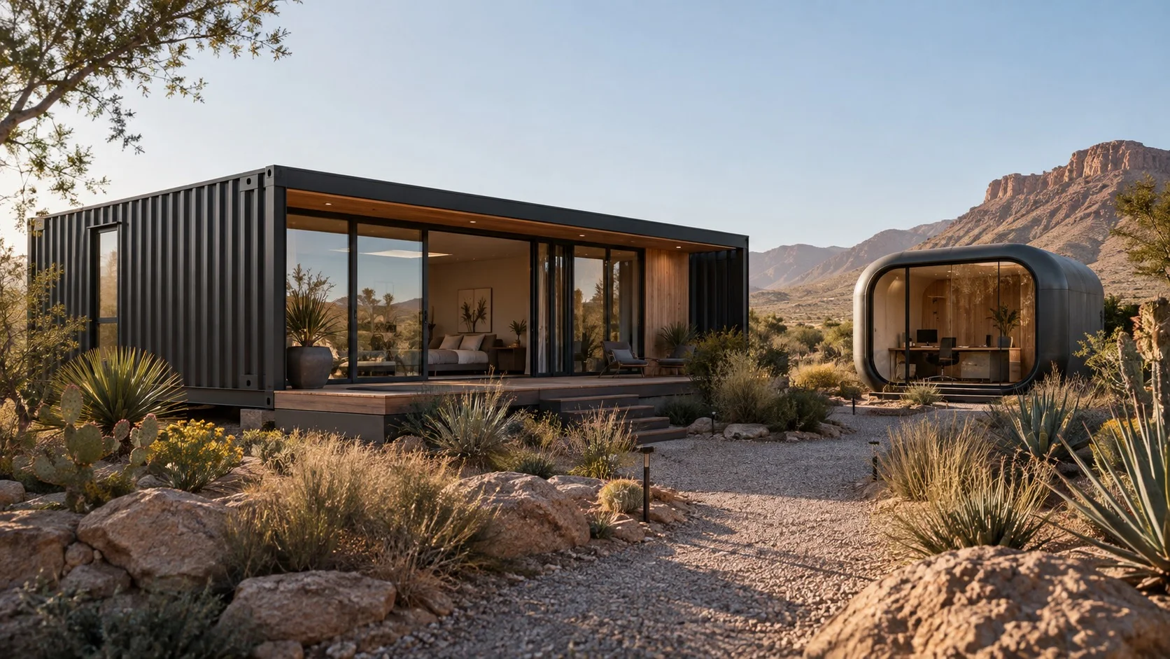 Architectural concept of a container home and compact pod office in a desert garden